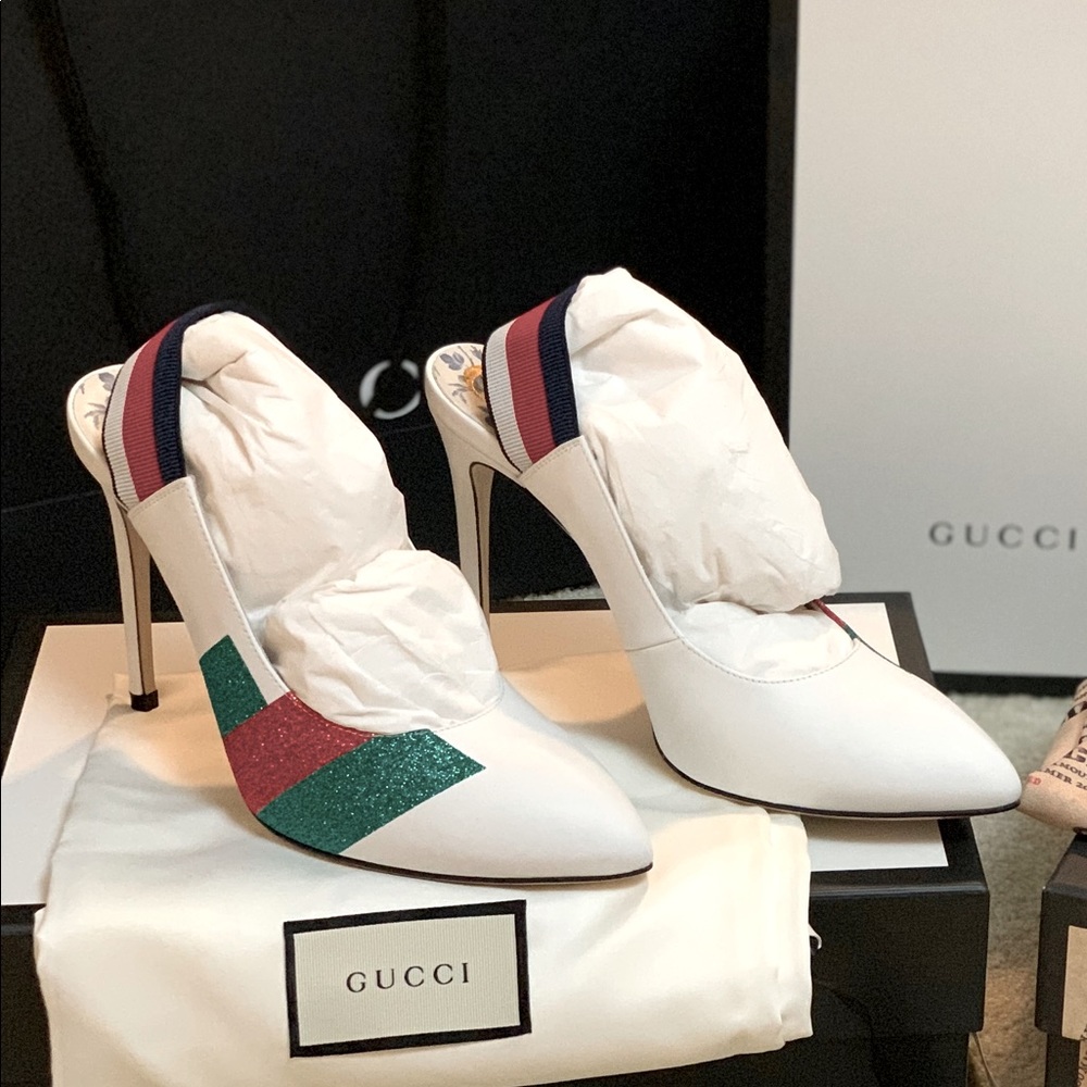Gucci White Glitter Web Leather Slingback Pumps size 9